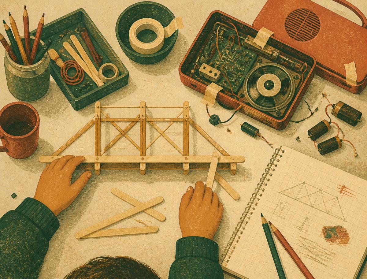 A child's workbench with a half-built model bridge, a dismantled radio and a sketchbook